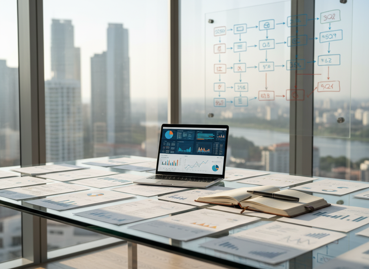 A large, clean glass desk in a modern corner office, covered with neatly arranged printed strategy documents, a sleek laptop displaying a complex dashboard, and a heavy metal pen resting on an open leather notebook. On the wall behind the desk, a transparent acrylic board is filled with hand-drawn flow diagrams representing AI-assisted business workflows, subtly out of focus. Soft morning daylight pours through floor-to-ceiling windows, gently illuminating the pages and casting crisp shadows from the pen and notebook. Photographic realism, shot at eye level with a shallow depth of field that keeps the foreground in sharp focus while the city skyline and whiteboard blur, creating a calm, professional, practical atmosphere of focused AI planning for experienced leaders.